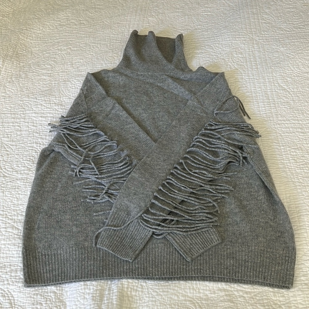 360 Cashmere GRAY Hudson Fringe Wool & Cashmere Turtleneck Sweater NWT LARGE